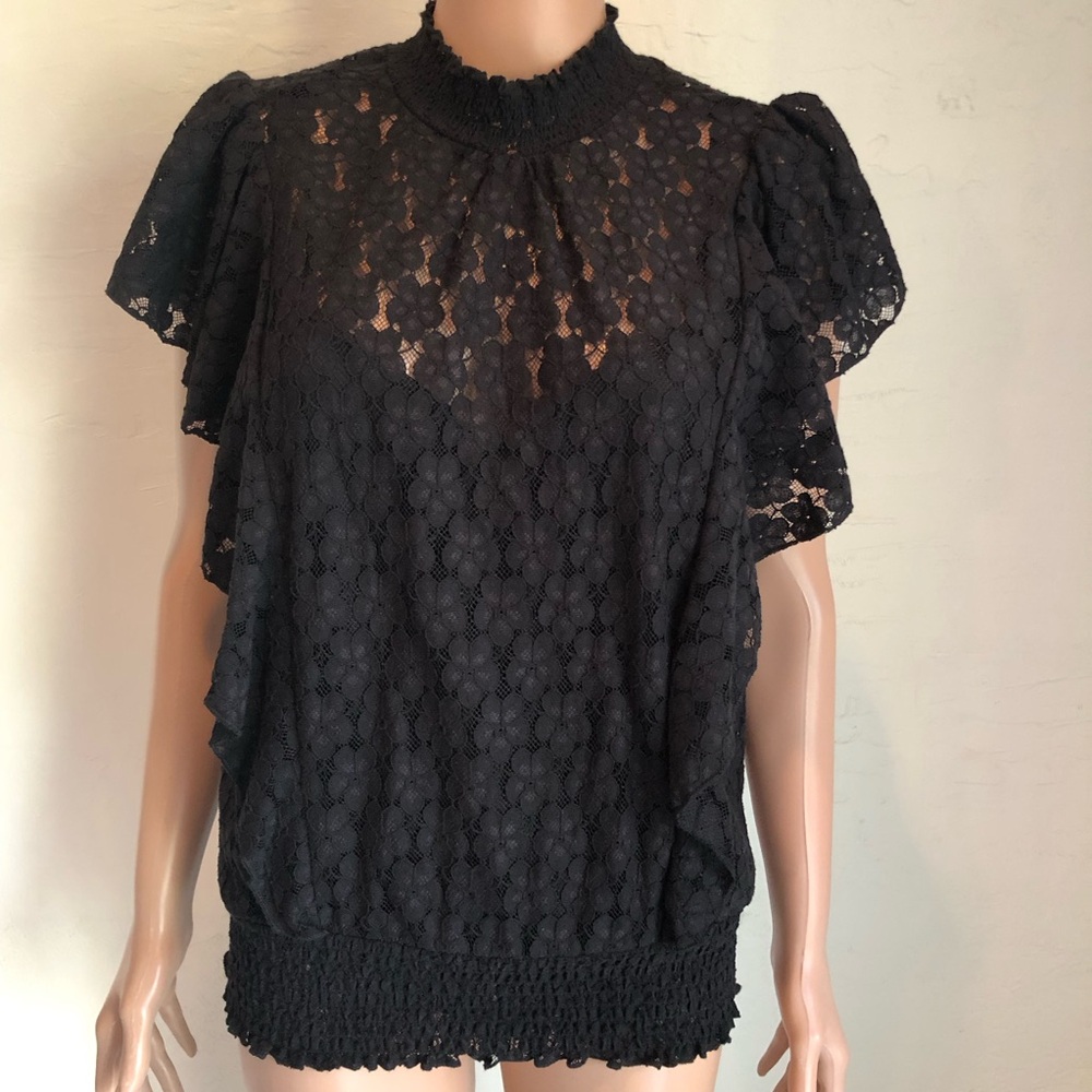 CeCe Black Laced High-Neck Peplum Top Women’s Size M Short Flare Sleeves Lining